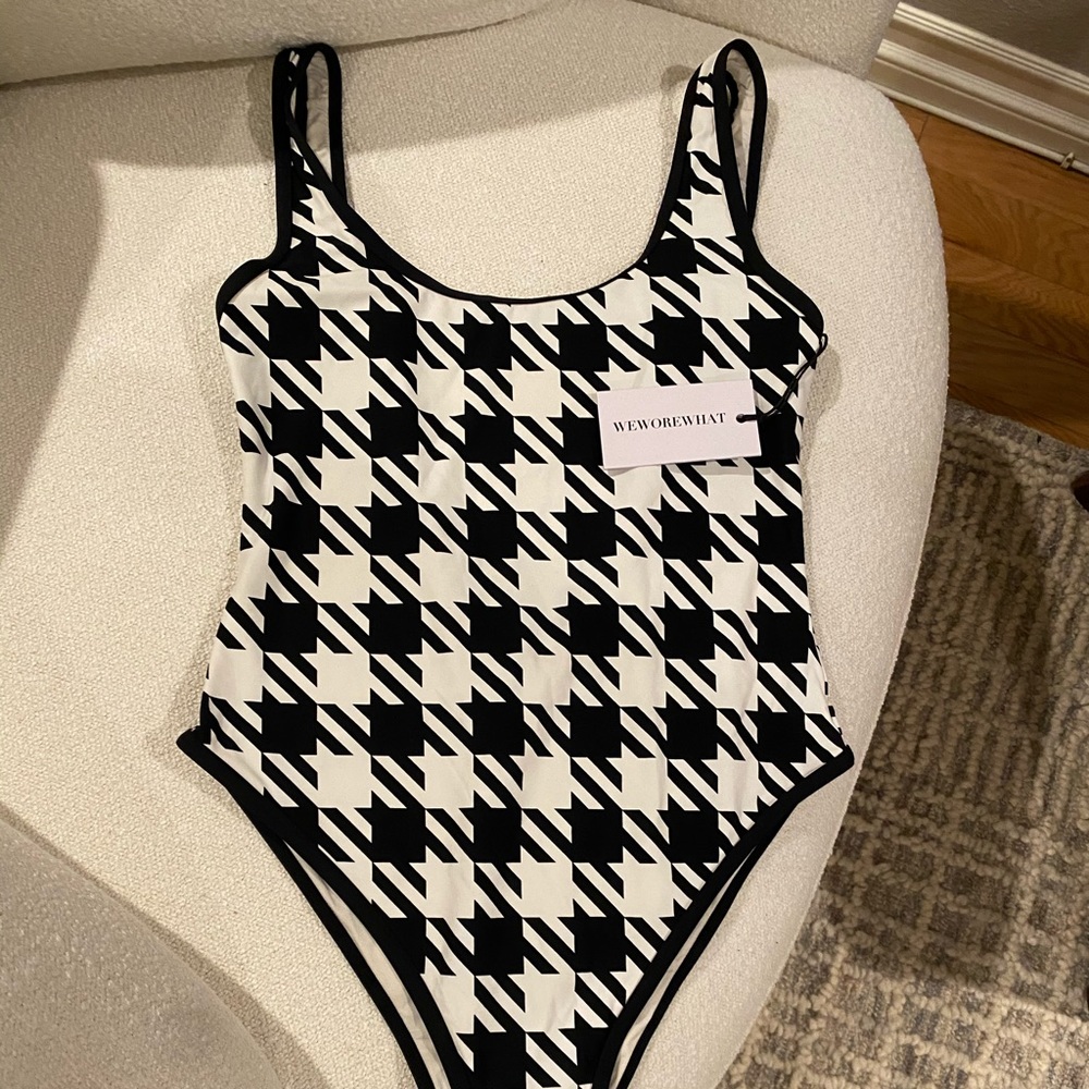 We Wore What Piped Scoop One Piece houndstooth swimsuit